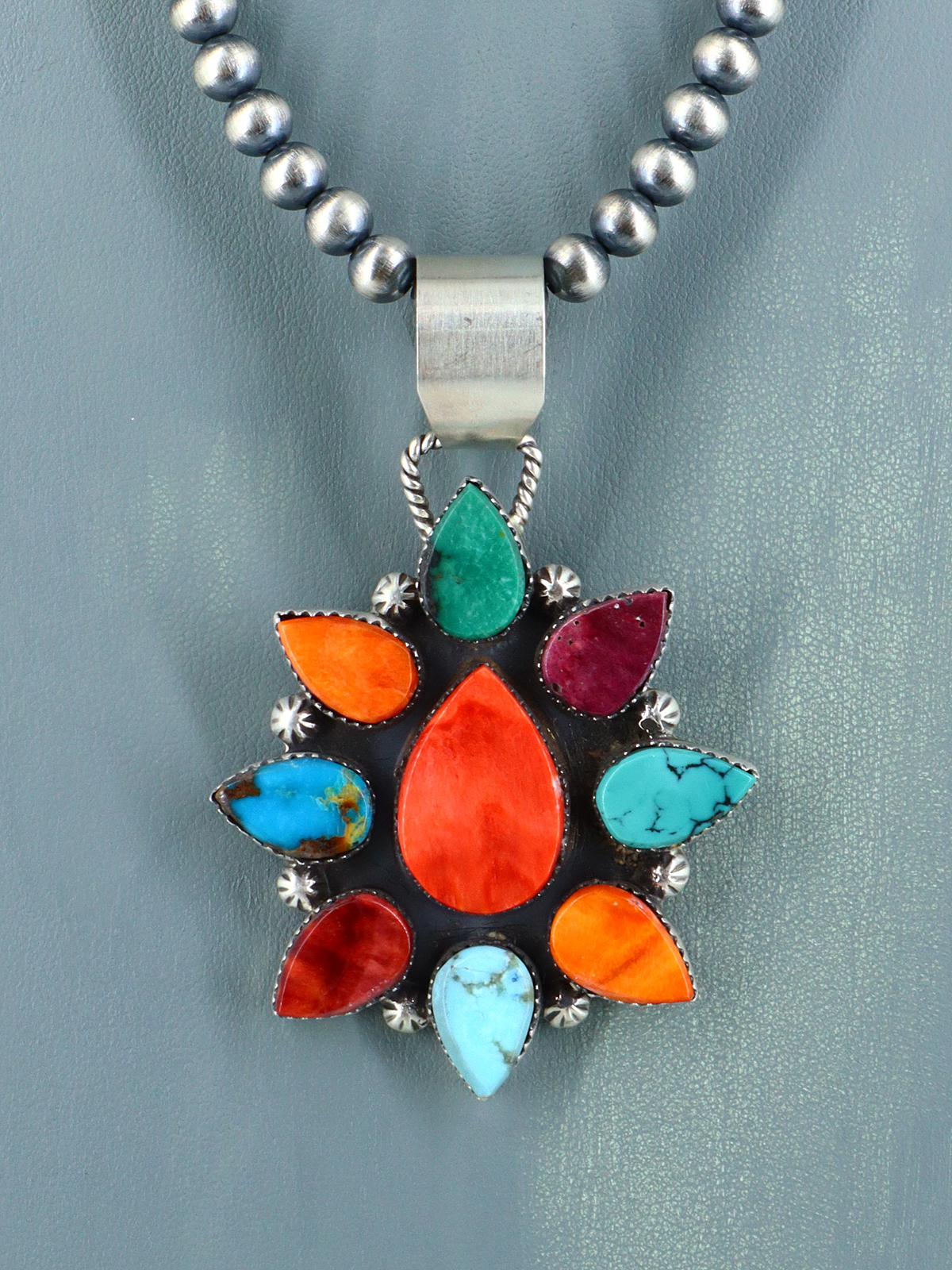 Native American Spiny Oyster and Turquoise Pendant With Beaded Necklace
