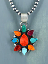 Native American Spiny Oyster and Turquoise Pendant With Beaded Necklace