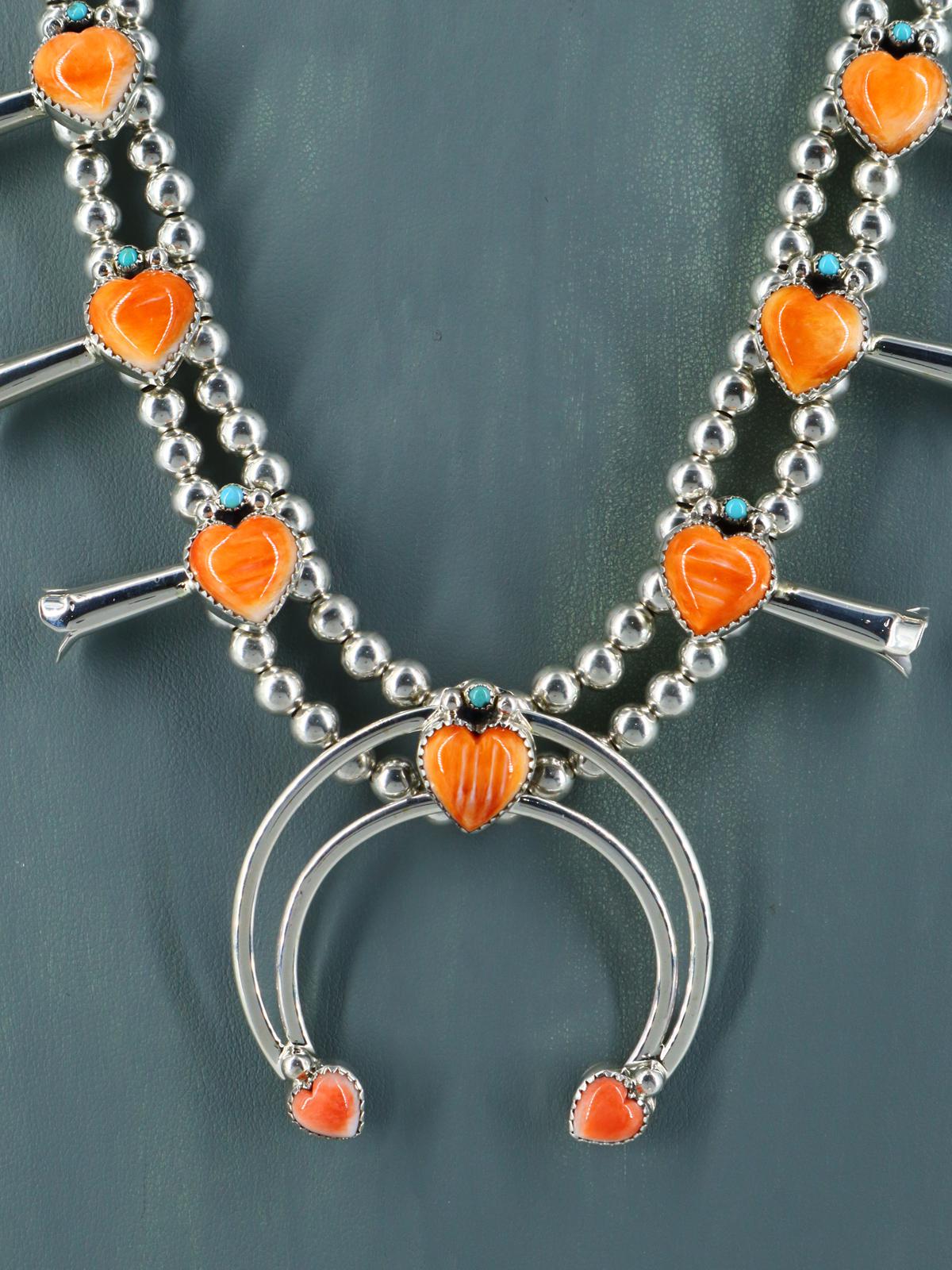 Navajo Sterling Silver Spiny Oyster Heart Squash Blossom Necklace Set