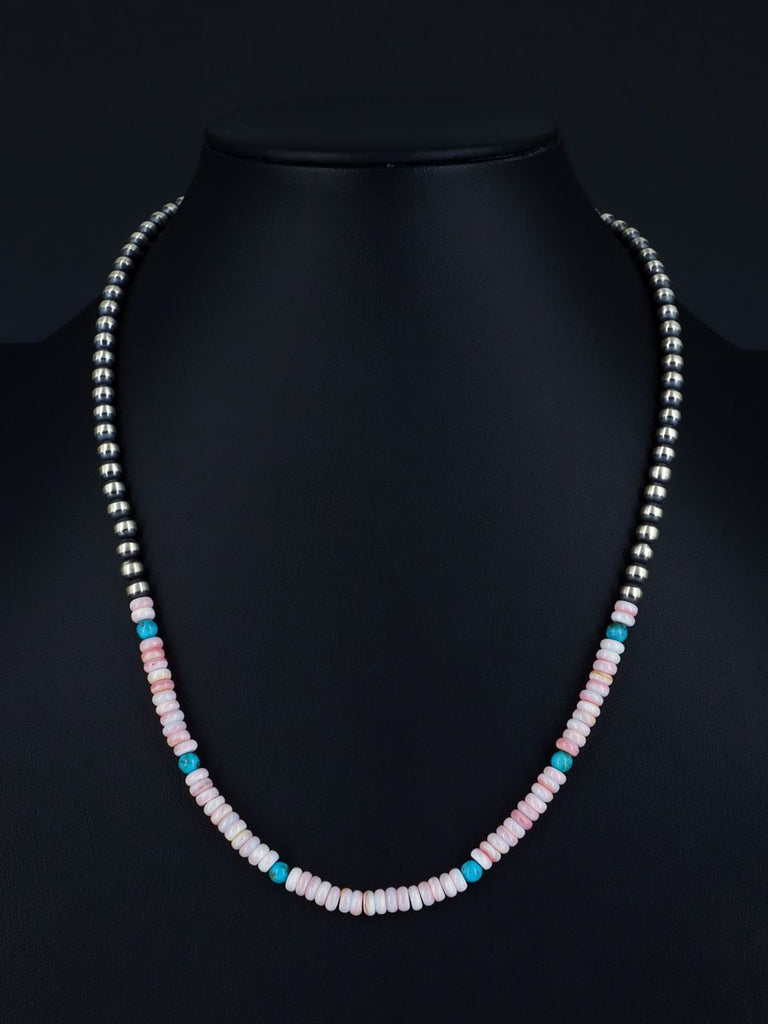 20" Navajo Jewelry Single Strand Turquoise and Pink Conch Sterling Silver Beaded Necklace - PuebloDirect.com