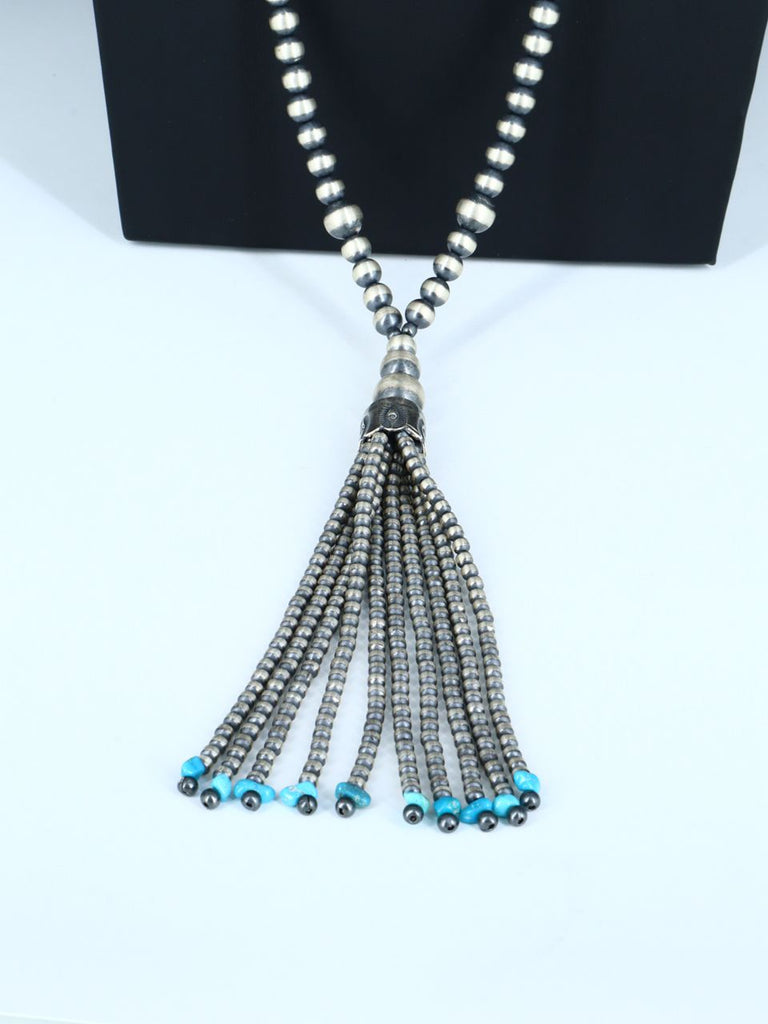 Native American Sterling Silver and Turquoise Beaded Lariat Necklace - PuebloDirect.com
