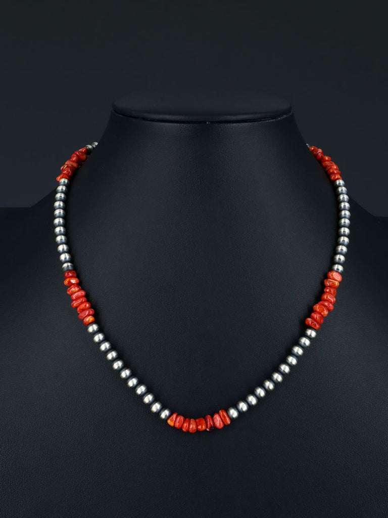 18" Navajo Jewelry Spiny Oyster and Sterling Silver Beaded Necklace - PuebloDirect.com