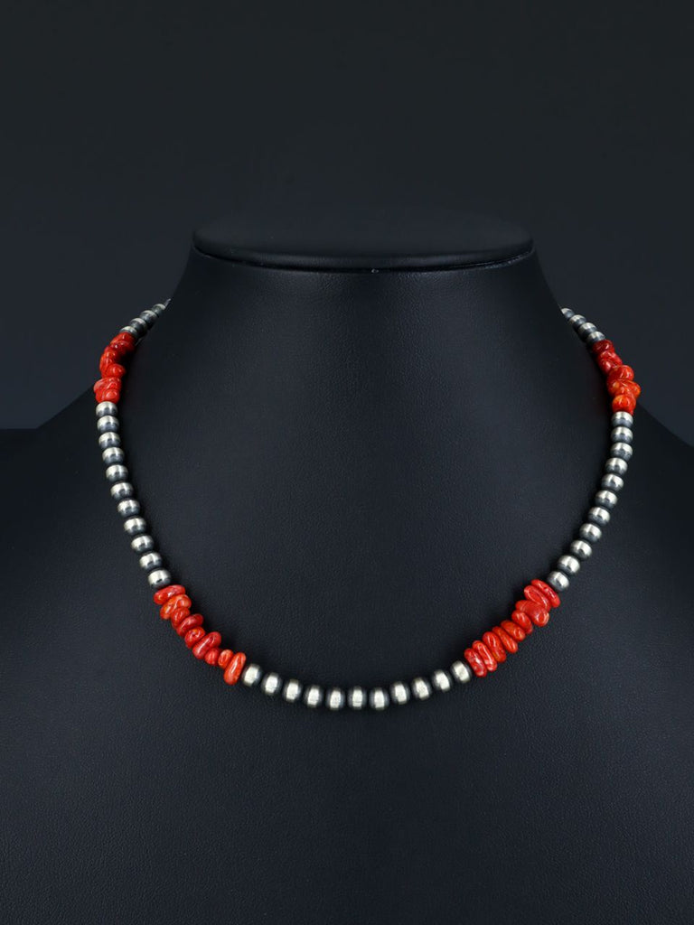 16" Navajo Jewelry Spiny Oyster and Sterling Silver Beaded Necklace - PuebloDirect.com