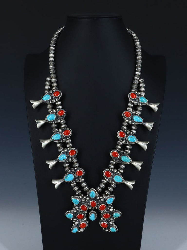 Navajo Natural Coral and Blue Ridge Turquoise Squash Blossom Necklace - PuebloDirect.com