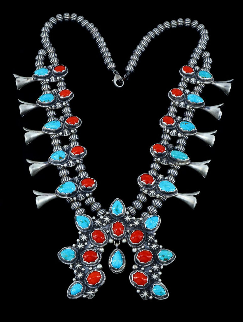 Navajo Natural Coral and Blue Ridge Turquoise Squash Blossom Necklace - PuebloDirect.com