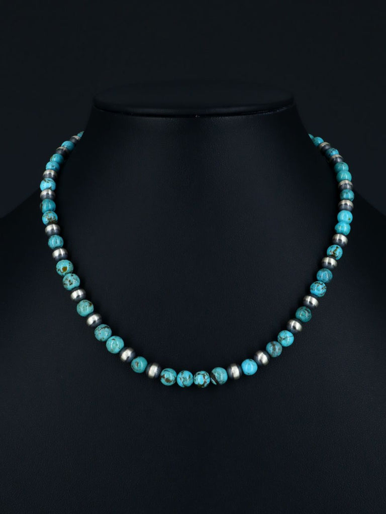 16" Native American Turquoise and Silver Bead Necklace - PuebloDirect.com