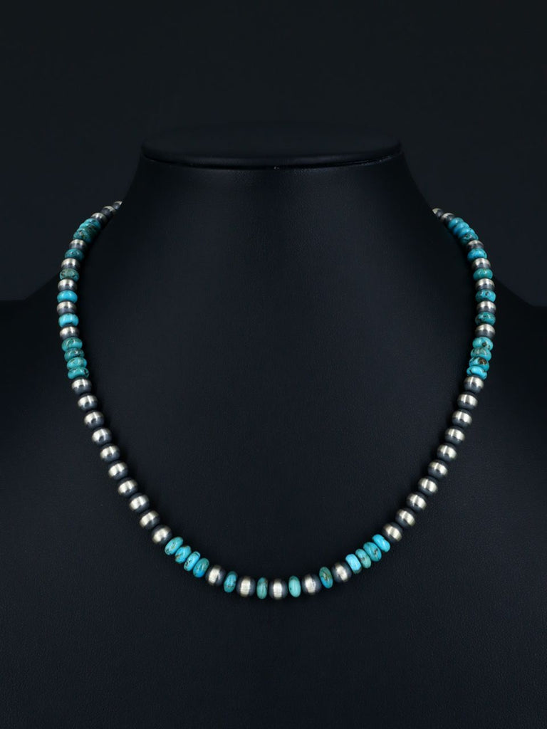 18" Native American Turquoise and Silver Bead Necklace - PuebloDirect.com