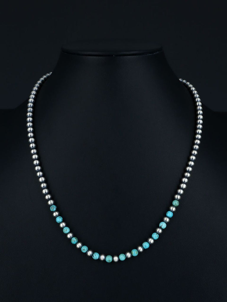 20" Native American Turquoise and Silver Bead Necklace - PuebloDirect.com