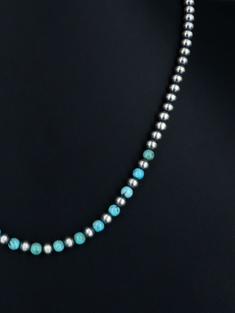 20" Native American Turquoise and Silver Bead Necklace - PuebloDirect.com