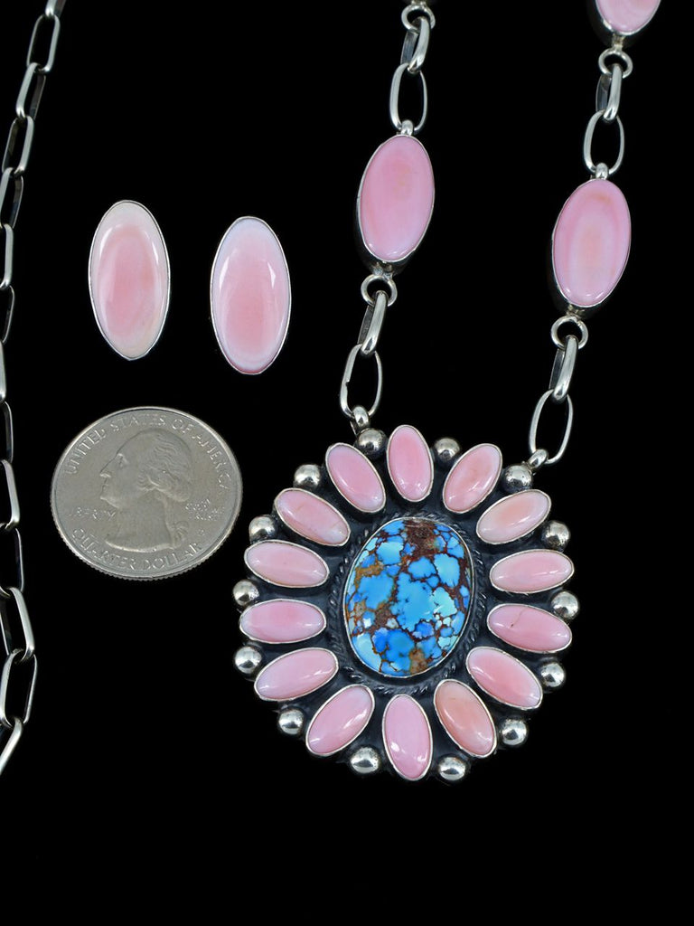 Navajo Jewelry Pink Conch and Golden Hill Turquoise Lariat Necklace Set - PuebloDirect.com