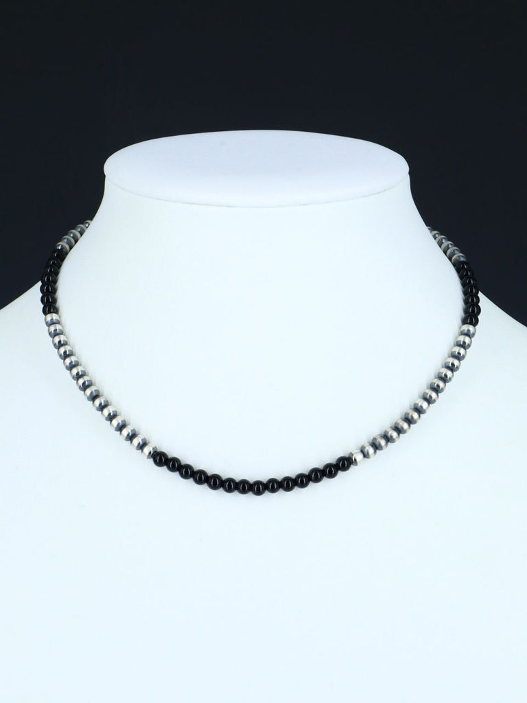 14" Native American Onyx and Sterling Silver Beaded Choker Necklace - PuebloDirect.com