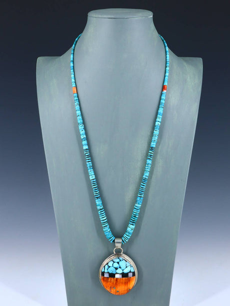Native American Santo Domingo Spiny Oyster and Turquoise Necklace P255 - PuebloDirect.com