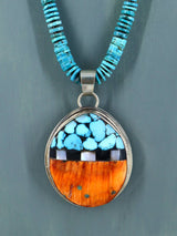 Native American Santo Domingo Spiny Oyster and Turquoise Necklace P255 - PuebloDirect.com