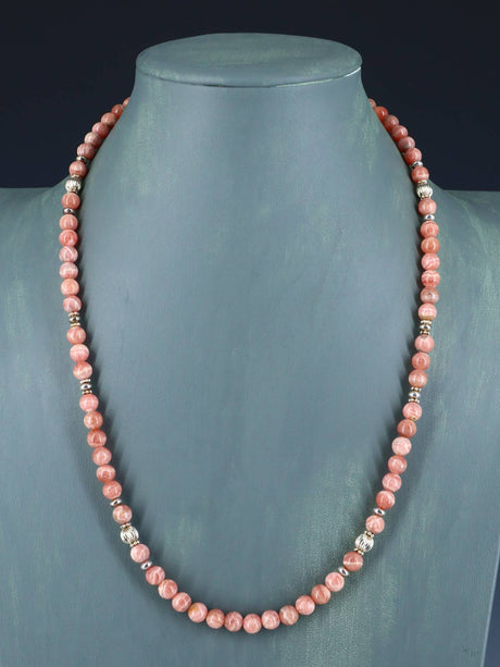 Native American Rhodochrosite and Sterling Silver Bead Necklace - PuebloDirect.com