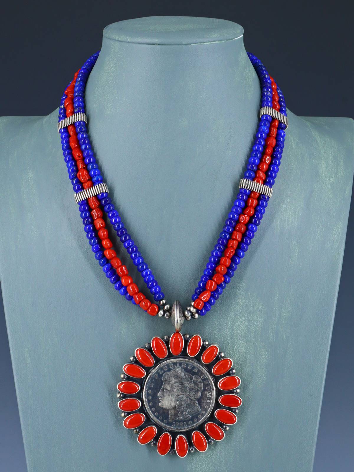 Native American Lapis and Coral Coin Necklace - PuebloDirect.com