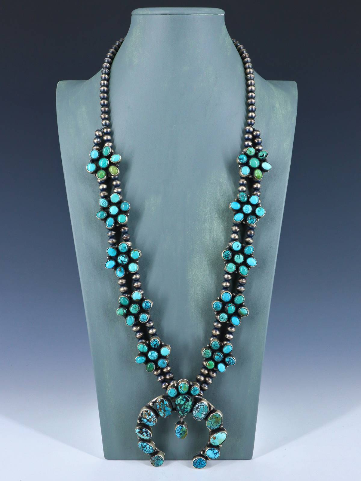 Navajo Turquoise Sterling Silver Squash Blossom Necklace - PuebloDirect.com