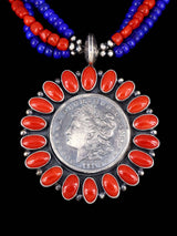 Native American Lapis and Coral Coin Necklace - PuebloDirect.com