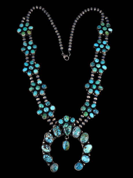 Navajo Turquoise Sterling Silver Squash Blossom Necklace - PuebloDirect.com