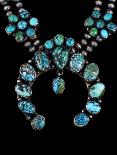 Navajo Turquoise Sterling Silver Squash Blossom Necklace - PuebloDirect.com
