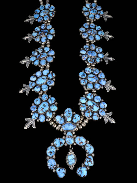 Navajo Sterling Silver Golden Hill Turquoise Squash Blossom Necklace - PuebloDirect.com