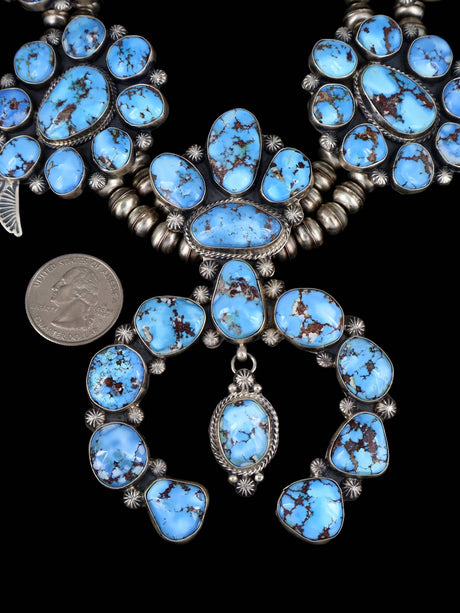 Navajo Sterling Silver Golden Hill Turquoise Squash Blossom Necklace - PuebloDirect.com