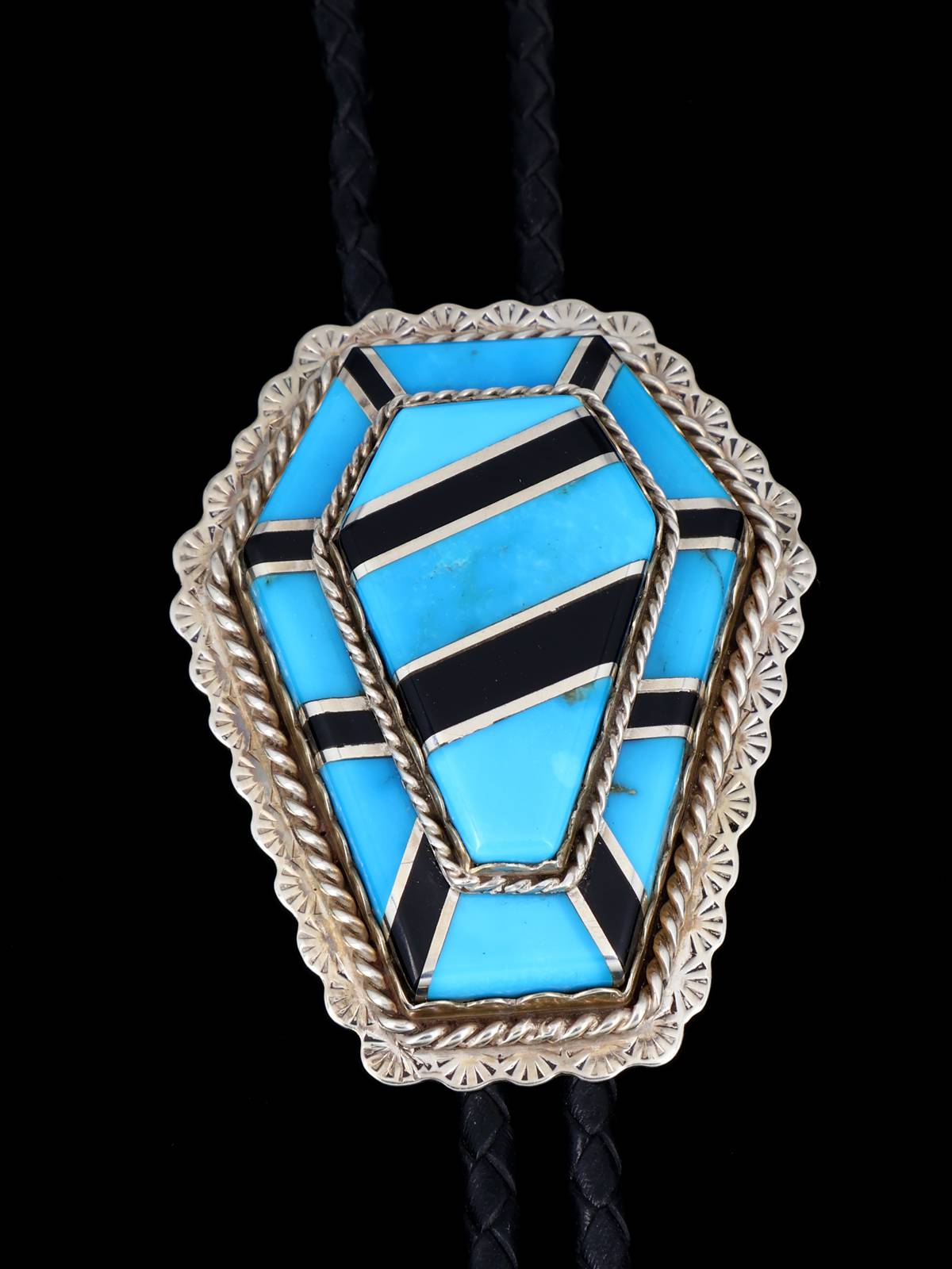 Estate Vintage Sterling Silver Turquoise and Onyx Inlay Bolo Tie - PuebloDirect.com