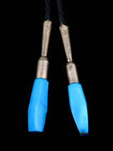 Estate Vintage Sterling Silver Turquoise and Onyx Inlay Bolo Tie - PuebloDirect.com