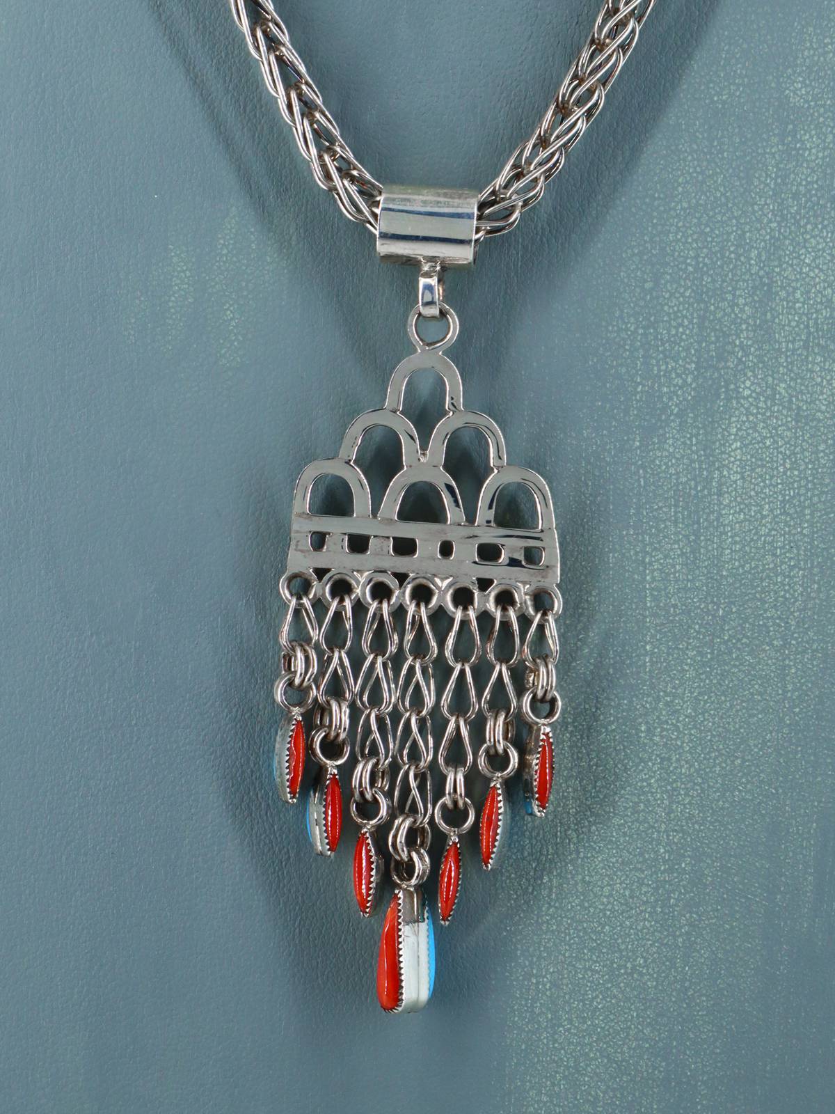 Zuni Pueblo Sterling Silver Turquoise and Coral Rain Cloud Necklace - PuebloDirect.com
