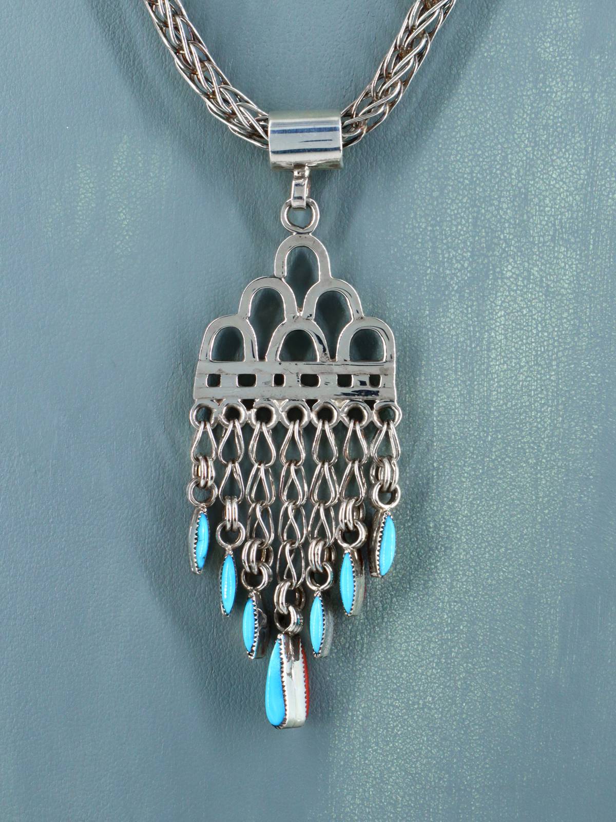 Zuni Pueblo Sterling Silver Turquoise and Coral Rain Cloud Necklace - PuebloDirect.com