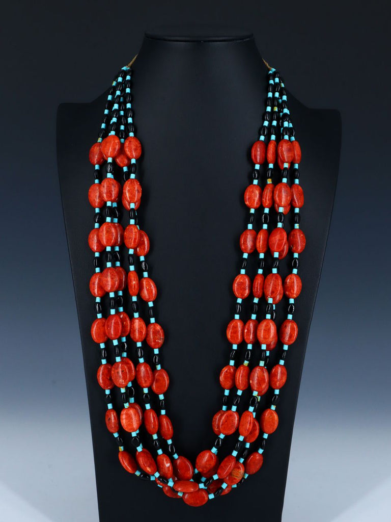 Native American Five Strand Apple Coral and Turquoise Necklace - PuebloDirect.com