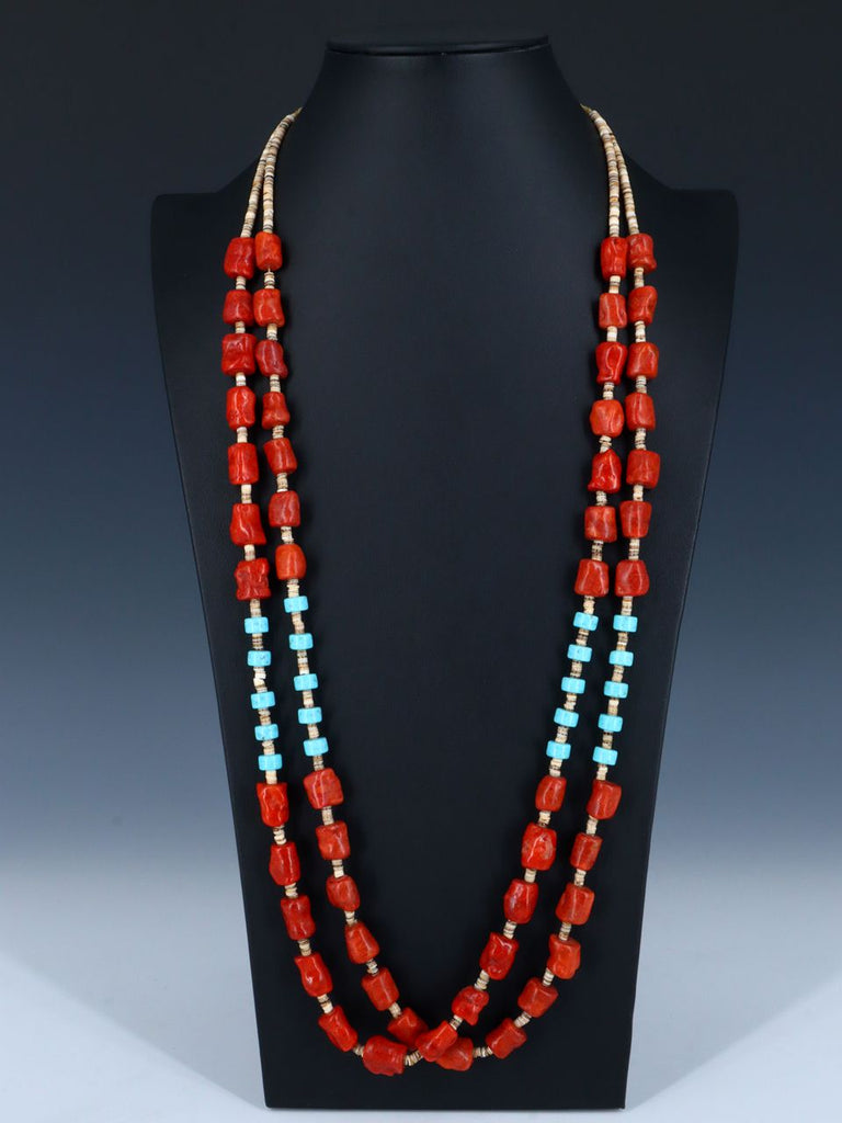 Native American Two Strand Apple Coral and Turquoise Necklace - PuebloDirect.com