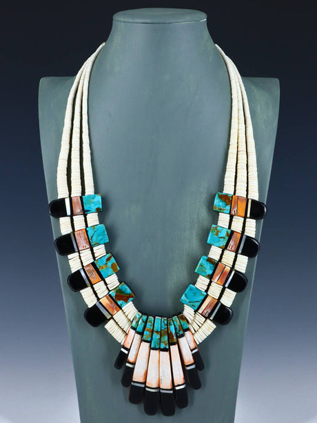 Native American Santo Domingo Spiny Oyster and Turquoise Mosaic Inlay Necklace - PuebloDirect.com