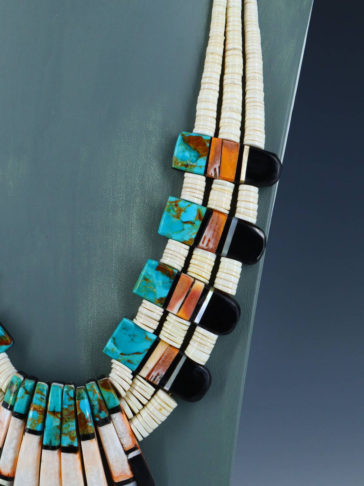 Native American Santo Domingo Spiny Oyster and Turquoise Mosaic Inlay Necklace - PuebloDirect.com