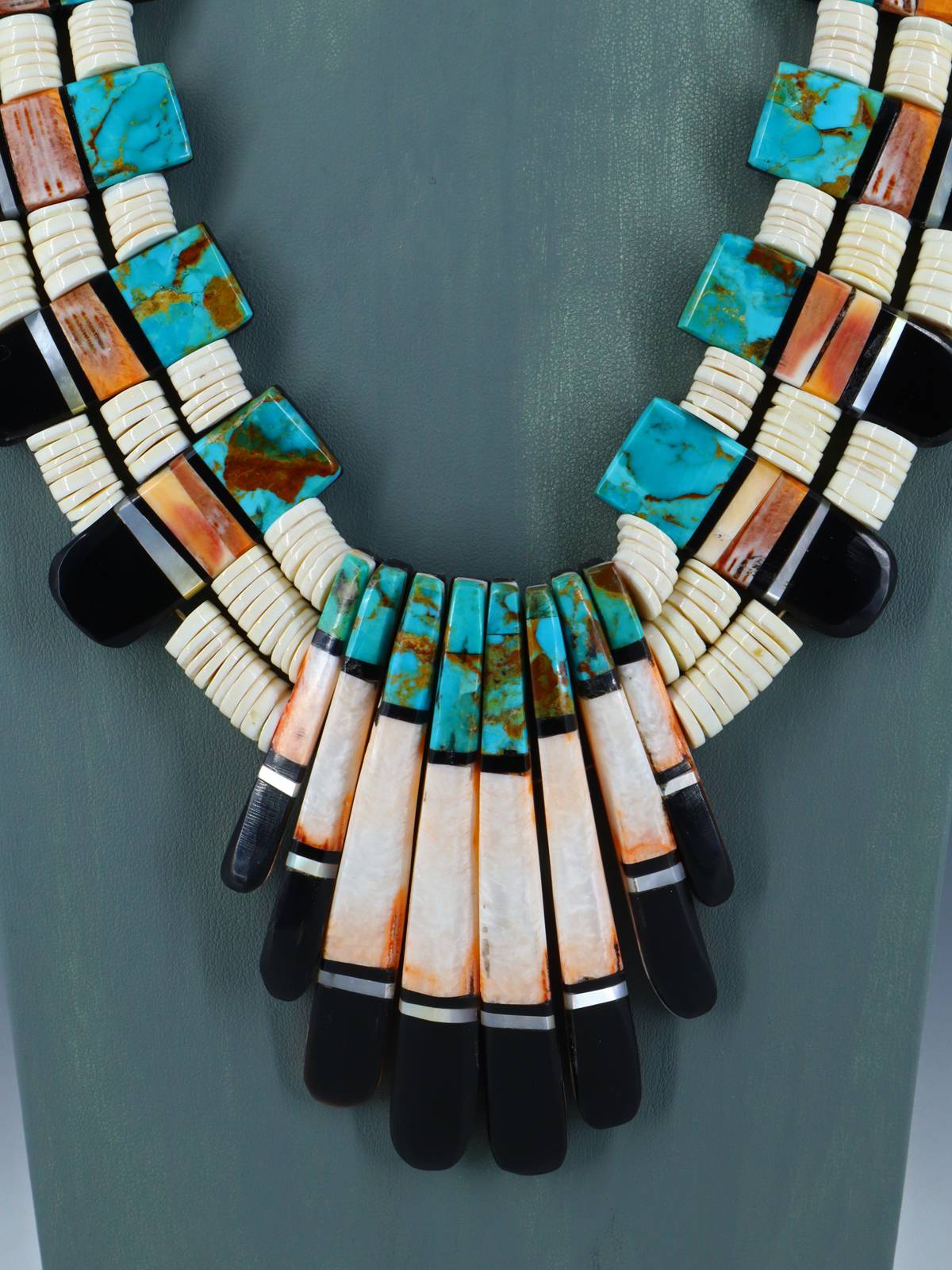 Native American Santo Domingo Spiny Oyster and Turquoise Mosaic Inlay Necklace - PuebloDirect.com