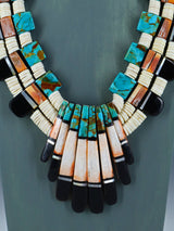 Native American Santo Domingo Spiny Oyster and Turquoise Mosaic Inlay Necklace - PuebloDirect.com