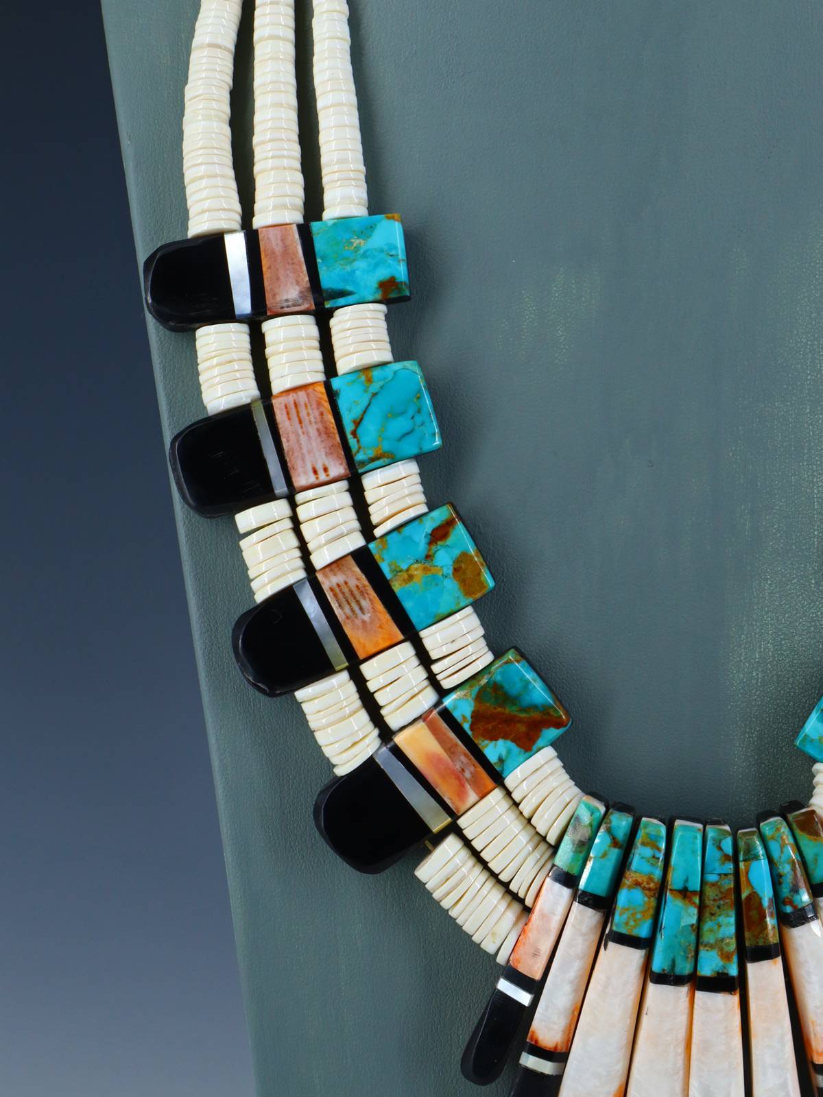 Native American Santo Domingo Spiny Oyster and Turquoise Mosaic Inlay Necklace - PuebloDirect.com