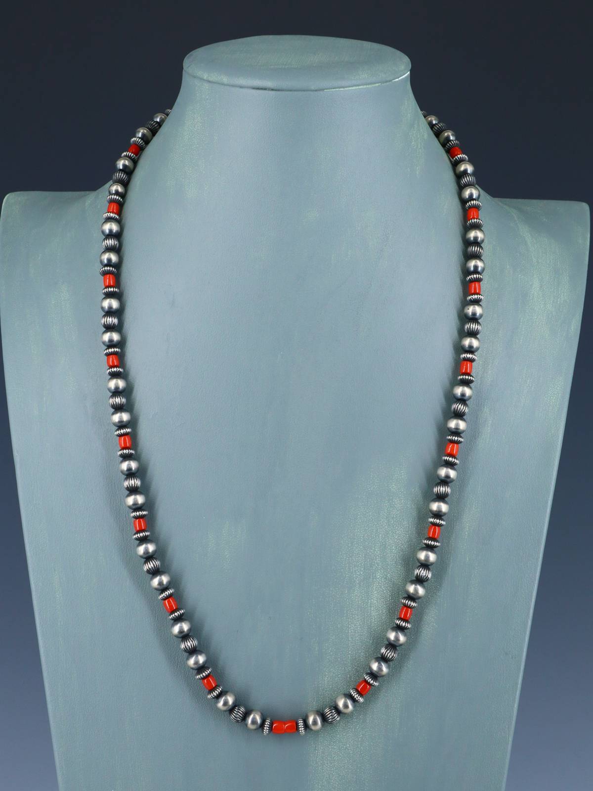 24" Coral and Sterling Silver Bead Necklace - PuebloDirect.com