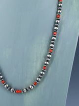 24" Coral and Sterling Silver Bead Necklace - PuebloDirect.com