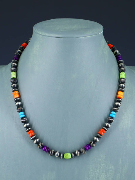 18" Multistone Sterling Silver Bead Necklace - PuebloDirect.com