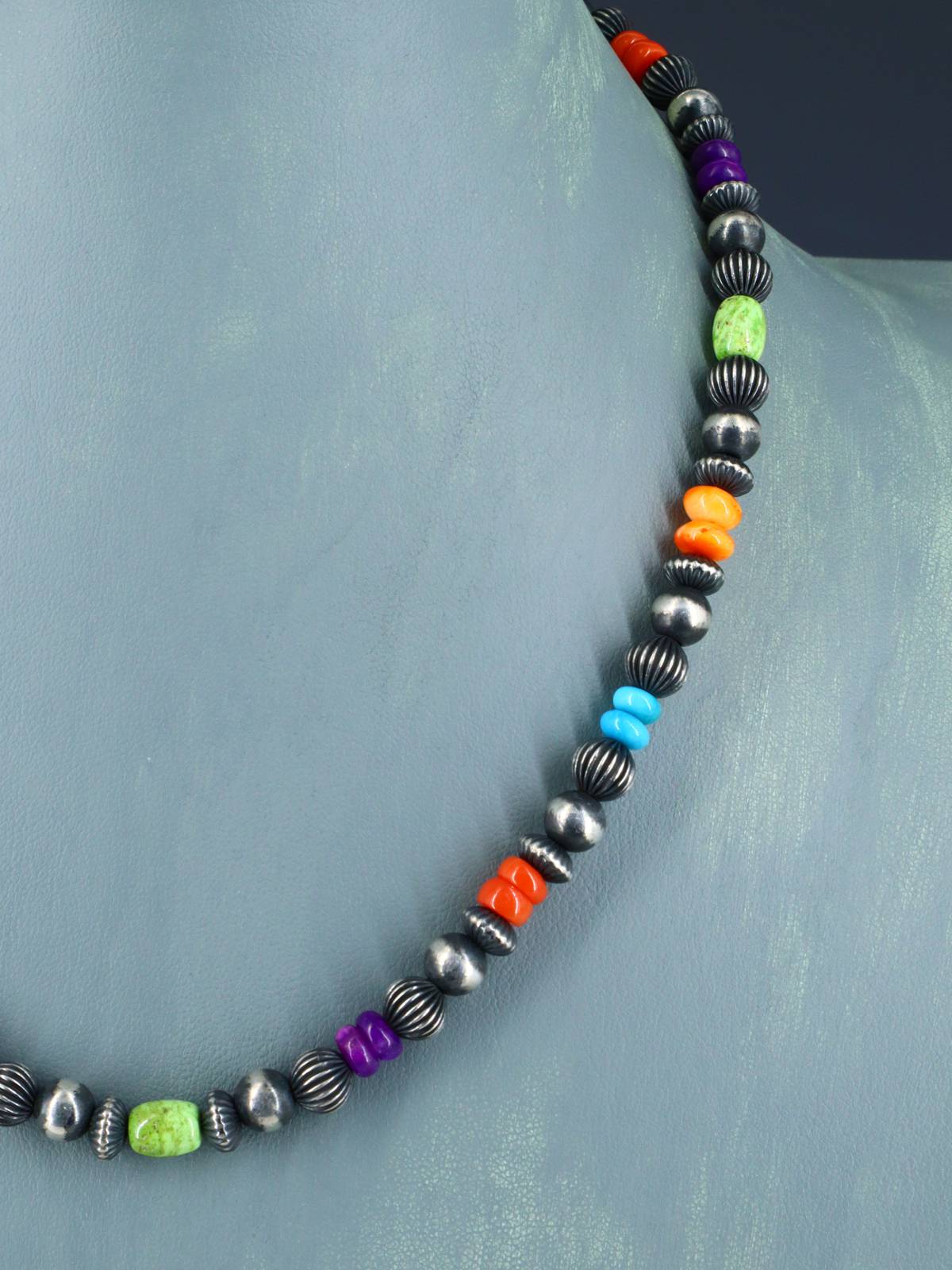 18" Multistone Sterling Silver Bead Necklace - PuebloDirect.com