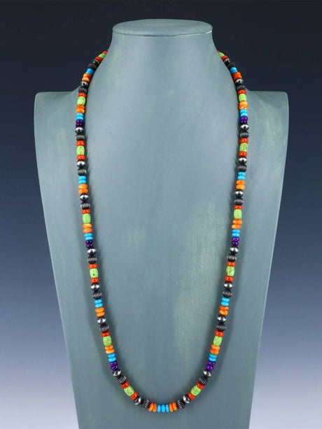 30" Multistone Sterling Silver Bead Necklace - PuebloDirect.com