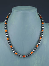 18" Spiny Oyster and Sterling Silver Bead Necklace - PuebloDirect.com
