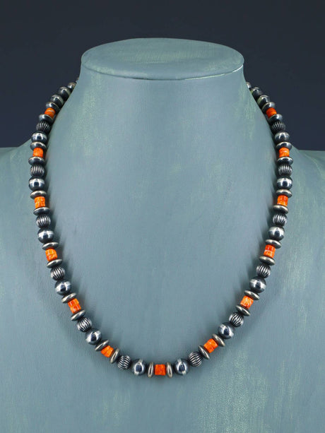 18" Spiny Oyster and Sterling Silver Bead Necklace - PuebloDirect.com