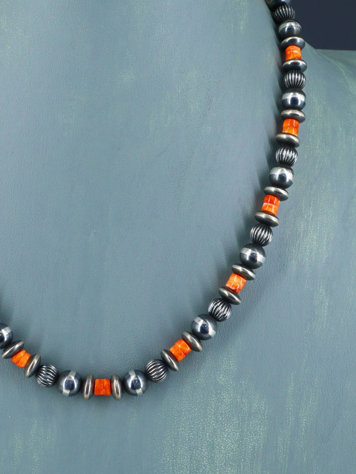 18" Spiny Oyster and Sterling Silver Bead Necklace - PuebloDirect.com