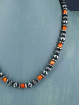 18" Spiny Oyster and Sterling Silver Bead Necklace - PuebloDirect.com