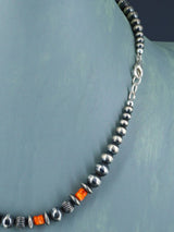 18" Spiny Oyster and Sterling Silver Bead Necklace - PuebloDirect.com
