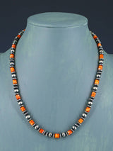 18" Spiny Oyster and Sterling Silver Bead Necklace - PuebloDirect.com