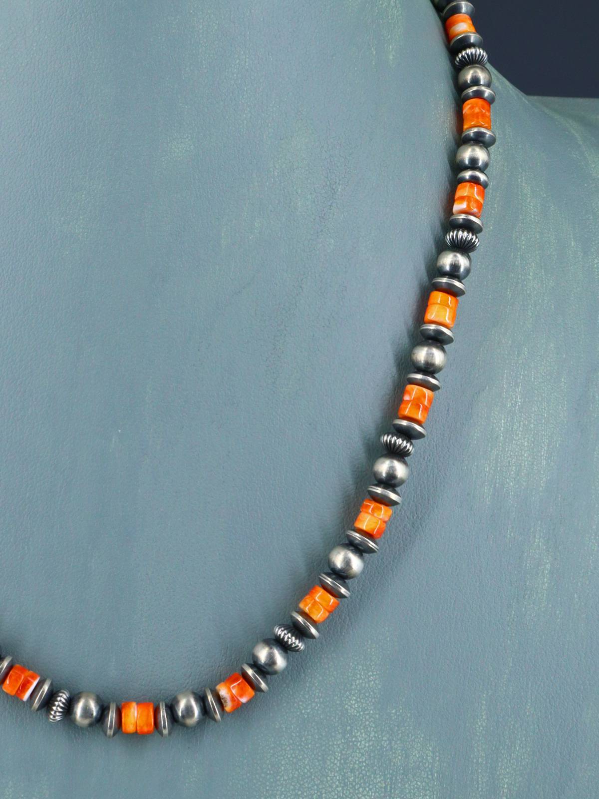 18" Spiny Oyster and Sterling Silver Bead Necklace - PuebloDirect.com