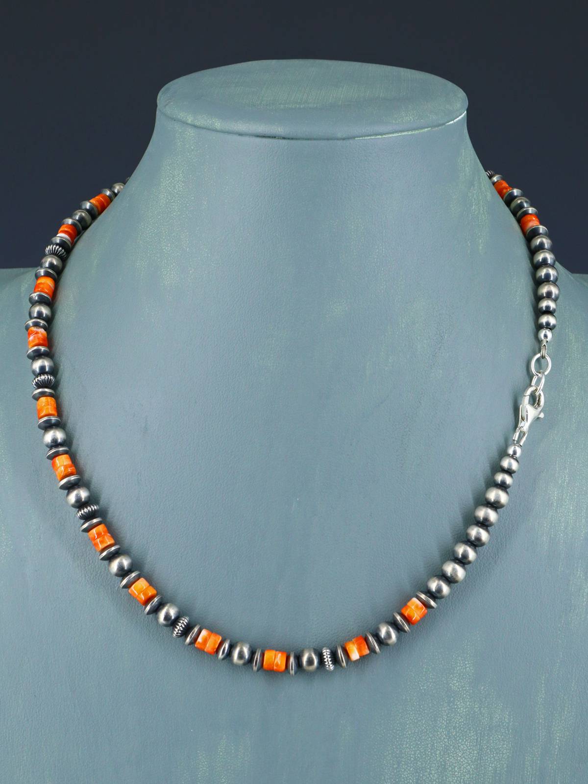 18" Spiny Oyster and Sterling Silver Bead Necklace - PuebloDirect.com