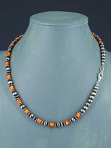 18" Spiny Oyster and Sterling Silver Bead Necklace - PuebloDirect.com